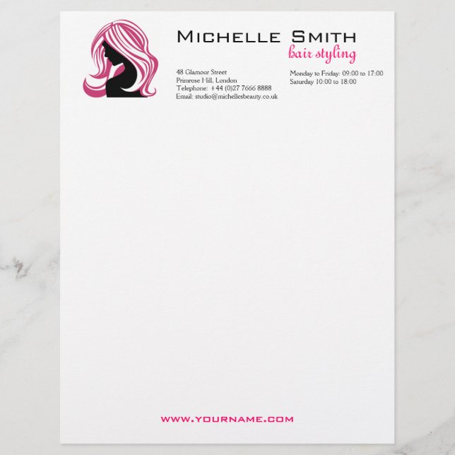 Girl with Long Pink Hair HairStyling Beauty Salon  Letterhead (Front)