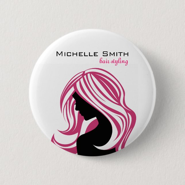 Girl with Long Pink Hair HairStyling Beauty Salon  Pinback Button (Front)