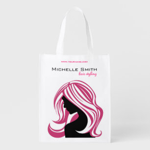Girl with Long Pink Hair HairStyling Beauty Salon Reusable Grocery Bag