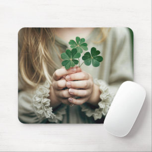 Girl With Lucky Clovers Mouse Pad