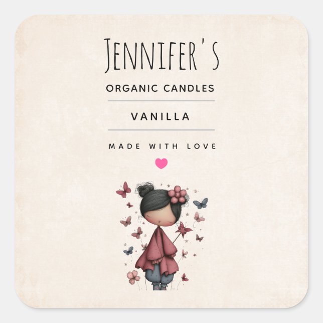 Girl with Magic Wand and Butterflies Business Square Sticker (Front)