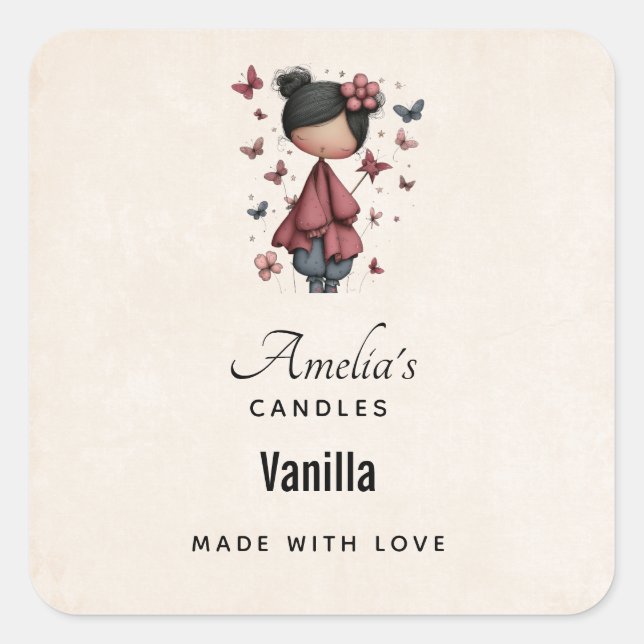Girl with Magic Wand and Butterflies Candle Square Sticker (Front)