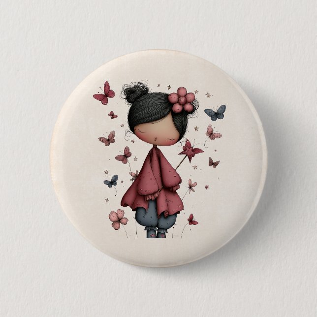 Girl with Magic Wand and Butterflies Cute Button (Front)