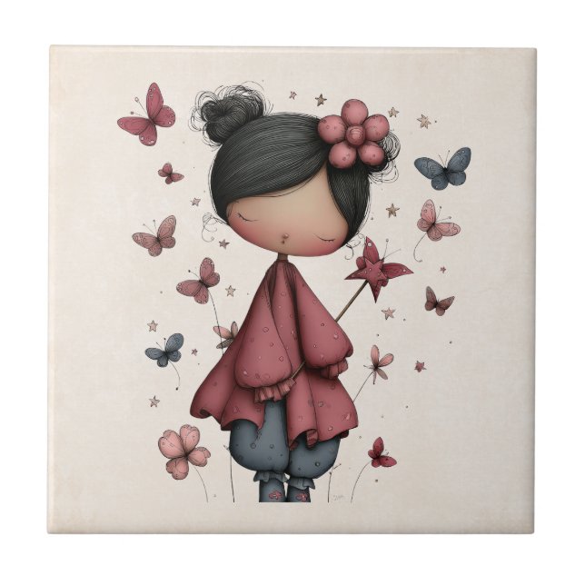 Girl with Magic Wand and Butterflies Cute Ceramic Tile (Front)
