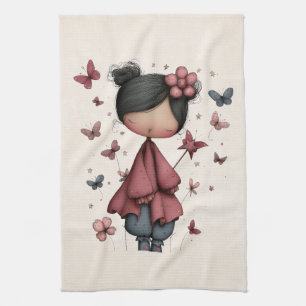 Girl with Magic Wand and Butterflies Cute Kitchen Towel