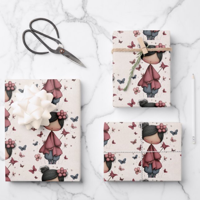 Girl with Magic Wand and Butterflies Pattern Wrapping Paper Sheets (Front)