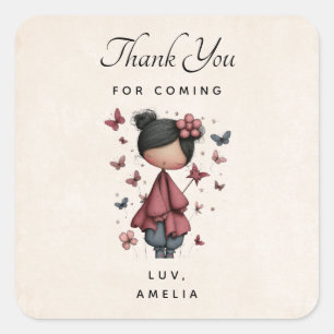 Girl with Magic Wand and Butterflies Thank You Square Sticker
