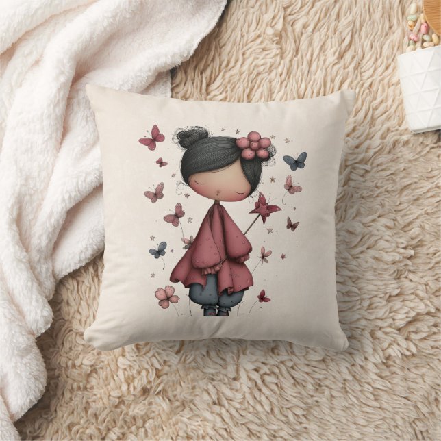 Girl with Magic Wand and Butterflies Throw Pillow (Blanket)