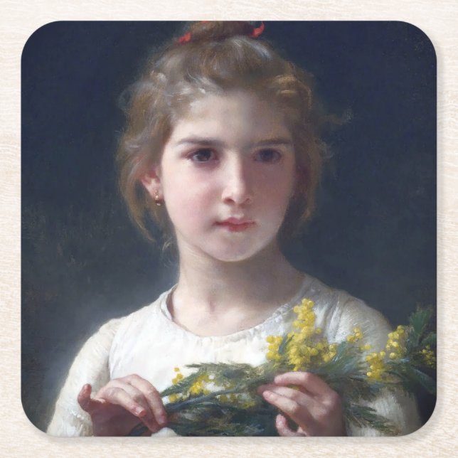 Girl with Mimosa, Bouguereau Square Paper Coaster (Front)