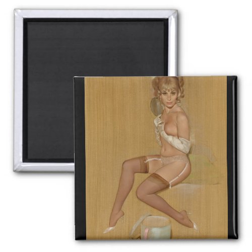 girl with Mirror and White Gloves Pin Up Art Magnet