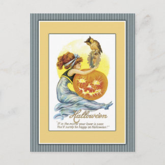 Girl with mirror, pumpkin and owl postcard