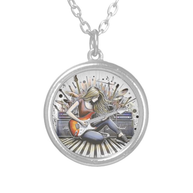 Girl with musical vibes silver plated necklace (Front)