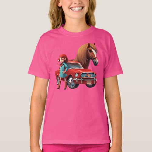 Girl With Mustang Car Horse T_Shirt