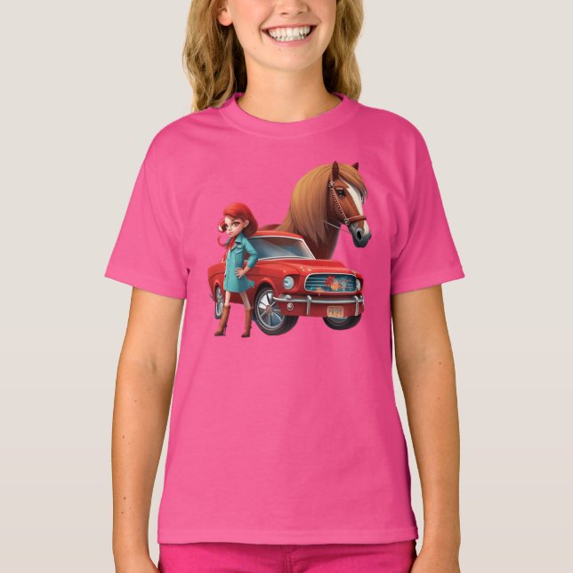 Girl With Mustang Car Horse T-Shirt (Front)