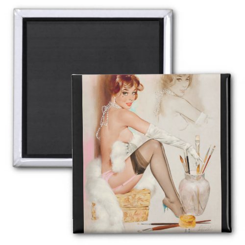 Girl with Painting Pin Up Art Magnet