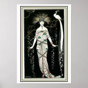 "Girl With Peacock" Art Deco Poster 13 x 19
