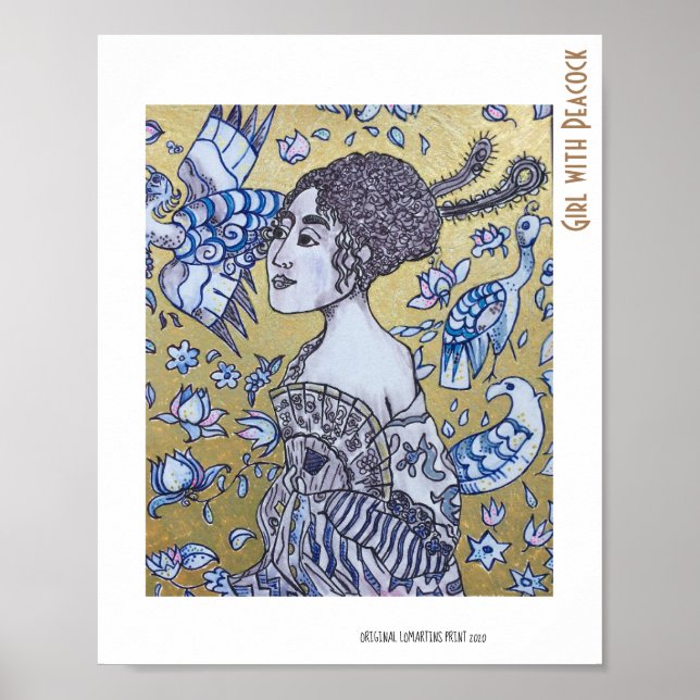 Girl with Peacock golden and ink drawing portrait Poster (Front)