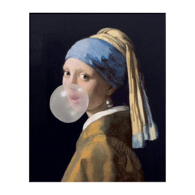 Girl with pearl earring blowing a bubble gum acrylic print (Front)