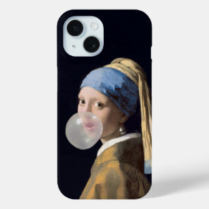 Girl with pearl earring blowing a bubble gum iPhone 15 case