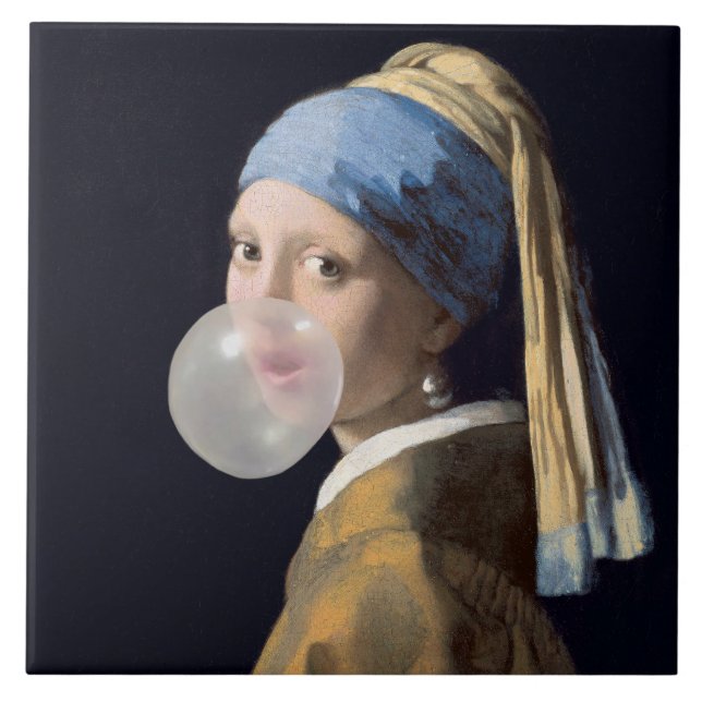 Girl with pearl earring blowing a bubble gum ceramic tile (Front)