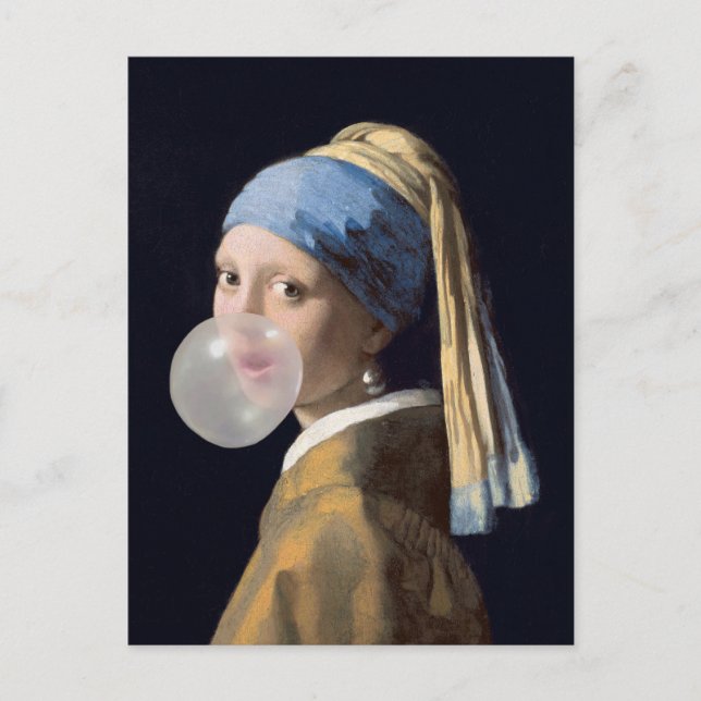 Girl with pearl earring blowing a bubble gum postcard (Front)