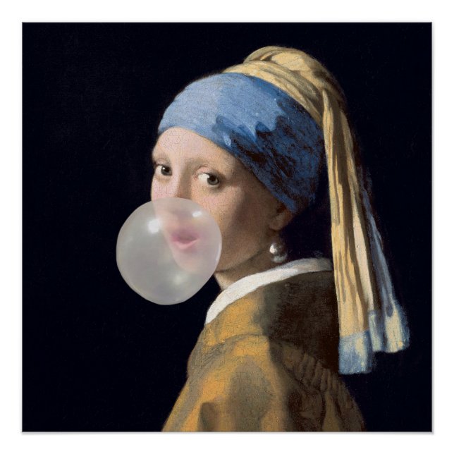 Girl with pearl earring blowing a bubble gum poster (Front)