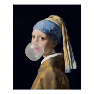 Girl with pearl earring blowing a bubble gum poster