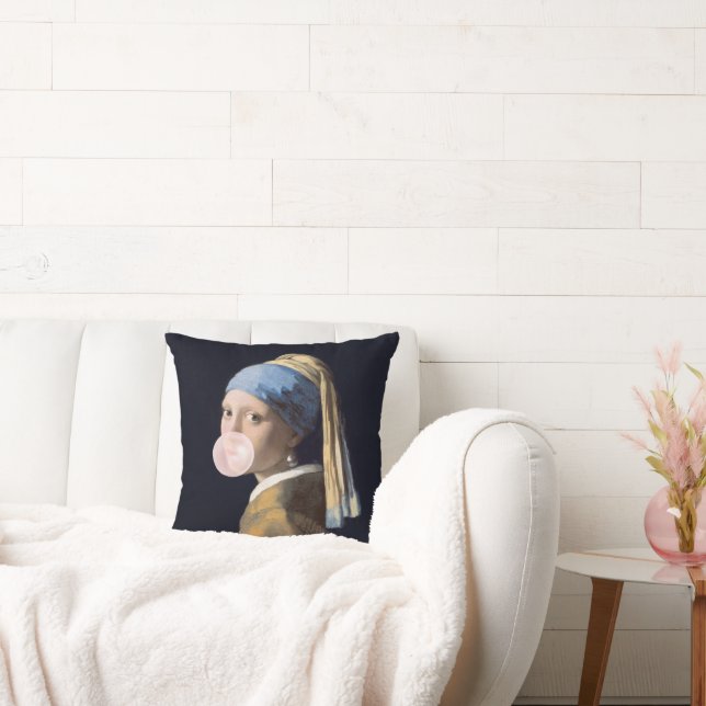 Girl with Pearl Earring blowing pink bubble gum Throw Pillow (Couch)