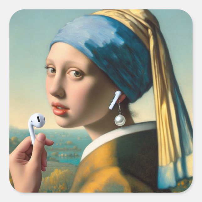 Girl with Pearl Earring with earphones Square Sticker (Front)