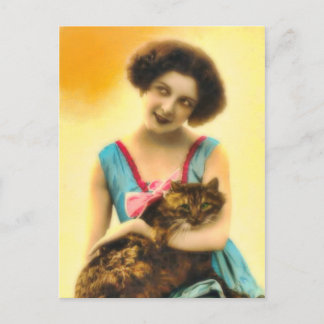 Girl with Pet Cat Postcard