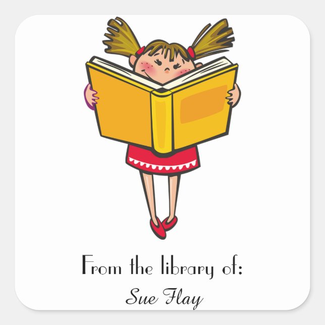 Girl With Pigtails and Red Dress Reading Bookplate (Front)