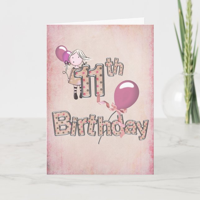 Girl with Pink Balloon 11th Birthday Card (Front)