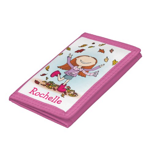 Girl with pink boots playing in leaves name wallet