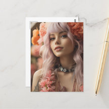 Girl with Pink Hair & Flowers