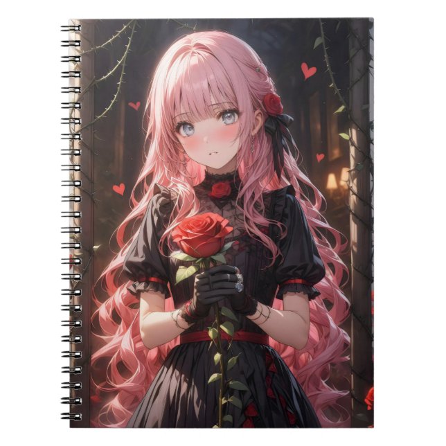 girl with pink hair holding a rose in her hand notebook (Front)