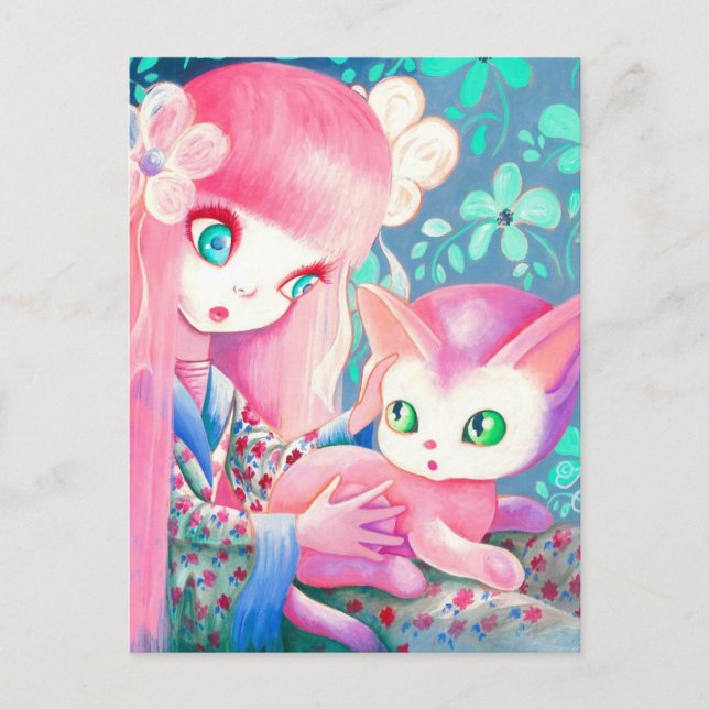Girl With Pink Hair in Kimono With Kawaii Cat Postcard (Front)