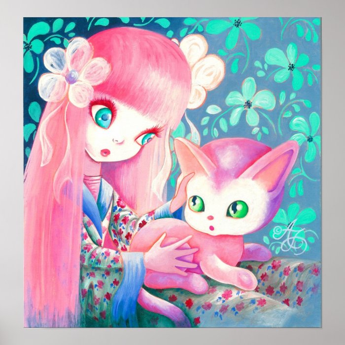 Girl With Pink Hair in Kimono With Kawaii Cat Posters