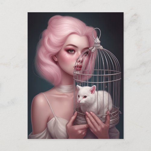 Girl with Pink Hair White Cat in Birdcage Postcard