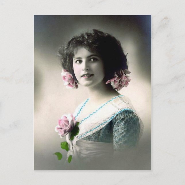 "Girl with Pink Roses" Vintage Postcard (Front)