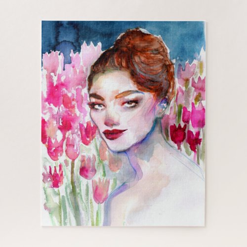 Girl with pink tulips Jigsaw Puzzle