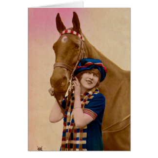 Girl with plaid scarf and horse cards