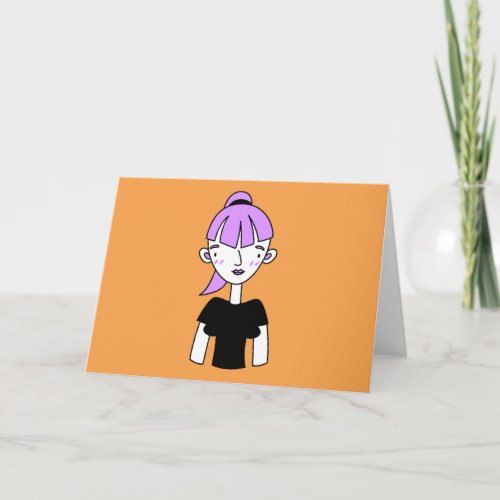 Girl with Ponytail Doodle Character Card