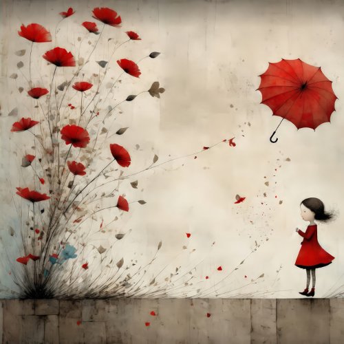 Girl with poppies and red umbrella _ decoupage _  tissue paper