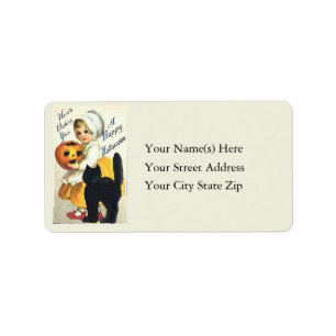 Girl With Pumpkin and Black Cat Address Label