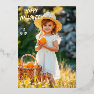 Girl with Pumpkin Basket Happy Halloween Foil Invitation