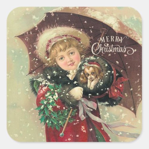 Girl with Puppy in her Muff Vintage Christmas Square Sticker
