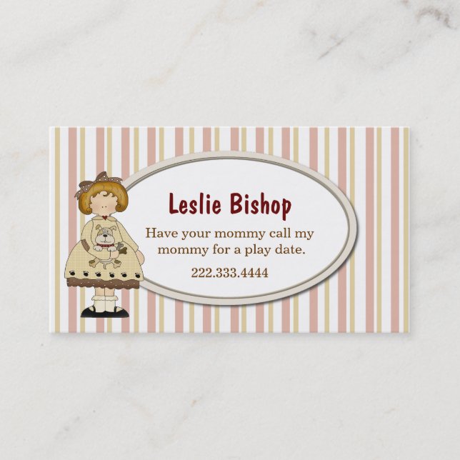 Girl with Puppy Striped Play Date Card (Front)