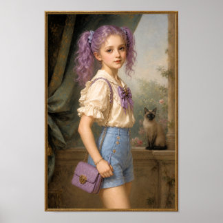Girl with purple color and Siamese Cat Poster