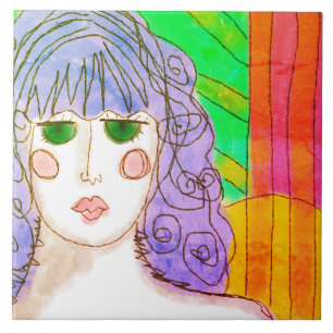 Girl with Purple Hair Abstract Digital Painting  Ceramic Tile