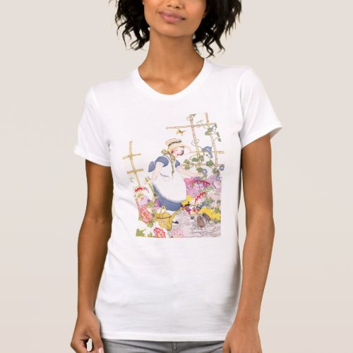 Girl with Rake and Watering Can in Flower Garden T_Shirt